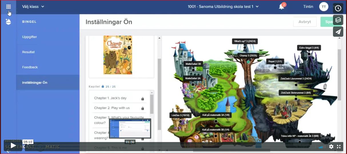 Feedback och inställningar video skärmdump för Bingel | Sanoma Utbildning