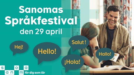 En lärare pratar med en elev. Texten Sanomas Språkfestival den 29 april