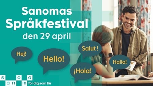 En lärare pratar med en elev. Texten Sanomas Språkfestival den 29 april