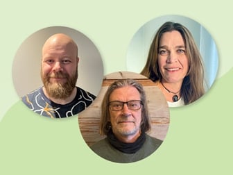 Porträttbilder på två män och en kvinna mot grön bakgrund