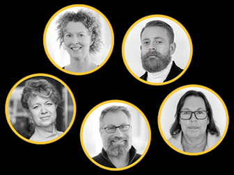 Svartvita bilder på fem av Sanomas kundansvariga