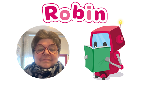 Bild på en lärare med kort mörkt hår och på robindockan. Texten Robin högst upp på bilden. 
