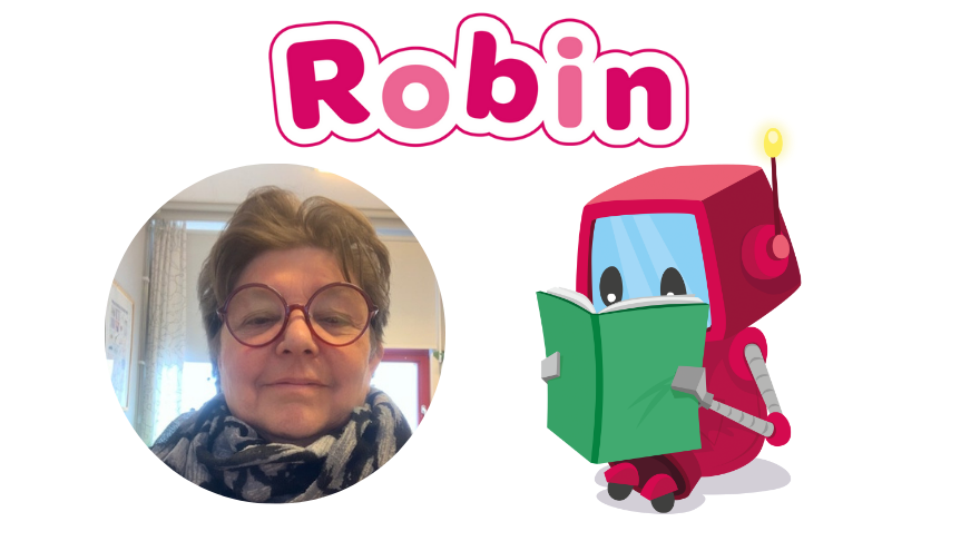 Bild på en lärare med kort mörkt hår och på robindockan. Texten Robin högst upp på bilden.