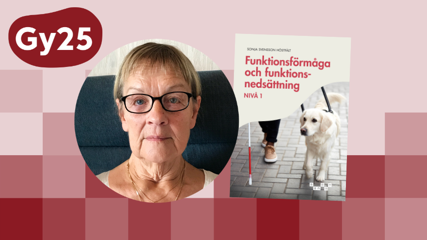 Rund bild på en blond kvinna med glasögon. Omslaget till boken Funktionsförmåga och funktionsnedsättning