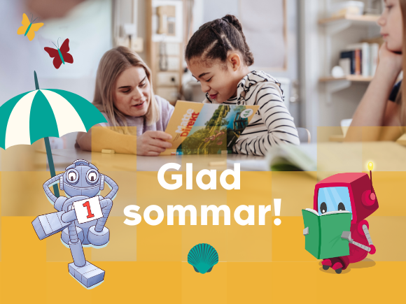 Två barn i ett klassrum. Texten "Glad sommar!"