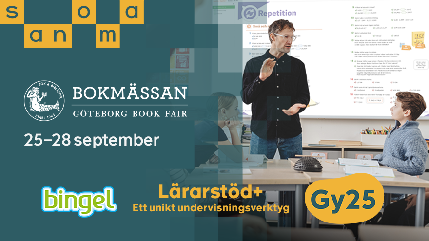 Lärare står vid en projektor. Bokmässans logotyp bredvid honom.