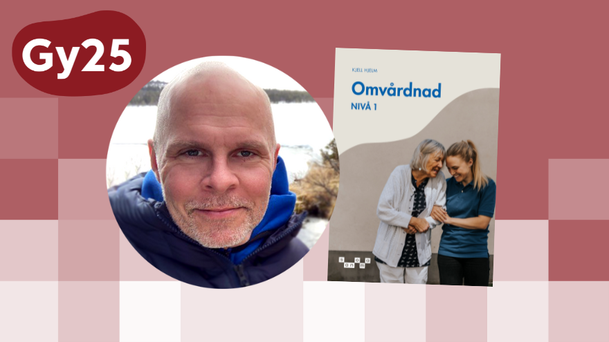 Författaren Kjell Hjelm och omslaget till boken Omvårdnad