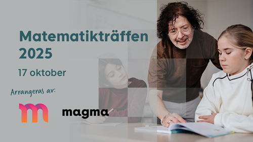 En lärare hjälper en elev vid en kateder. Text på bilden: Matematikträffen 2025 17 oktober