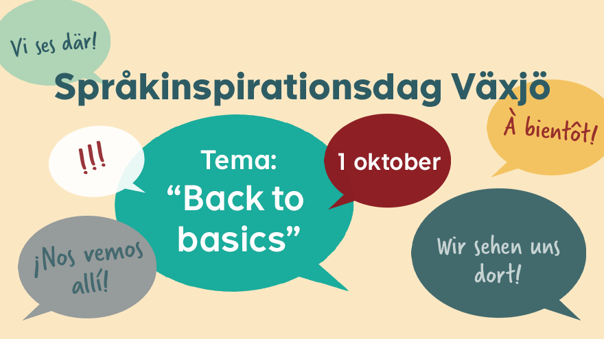 Pratbubblor på olika språk. Text "Språkinspirationsdag Växjö"