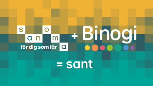 Gul bakgrund med gröna pixlar. Text "Sanoma + Binogi = sant"