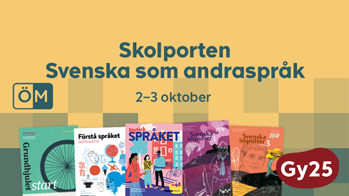 Gul bild med gröna pixlar. Text "Skolporten Svenska som andraspråk 2-3 oktober"