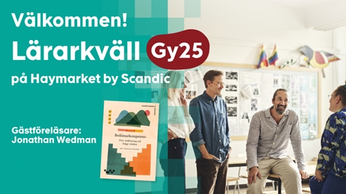 Fyra lärare i ett klassrum. Text "Välkommen! Lärarkväll" 