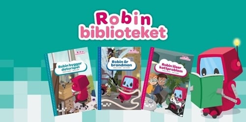 Robinbibliotekets logga. Omslag till tre av Robinbibliotekets titlar