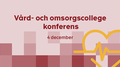 Rosa bakgrund med röda pixlar. Text "vård- och omsorgscollege konferens"