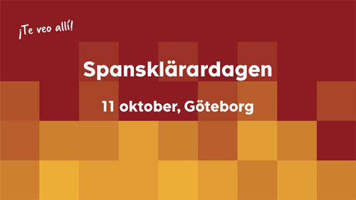 Röd bild med gula pixlar. Text "Spansklärardagen 2025"