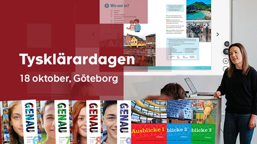 En lärare undervisar vid en projektor. Omslag till Sanomas titlar i tyska i nedre delen av bilden.