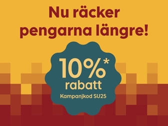 Röd och vit bild med texten "Nu räcker pengarna längre" och en splash med texten "10 procent rabatt"
