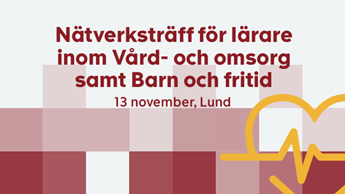 Grå bakgrund med röda pixlar. Text: Nätverksträff vård och omsorg, barn och fritid