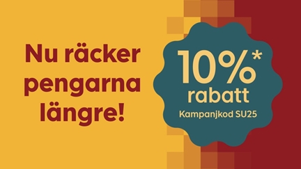 Bild med vinröd och gul bakgrund. Text: Nu räcker pengarna längre! 10 procent rabatt