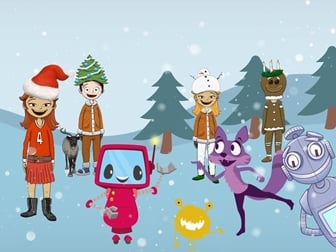 Figurer mot blå bakgrund, flera i tomteluvor