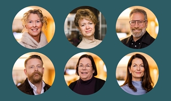 6 cirklar med bilder på säljare. Mörkgrön bakgrund.