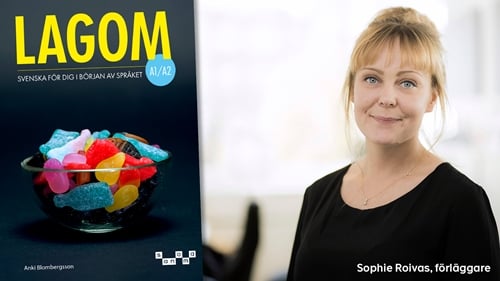 Förläggare Sophie Roivas och en inklippt bild på omslaget till Lagom A1/A2