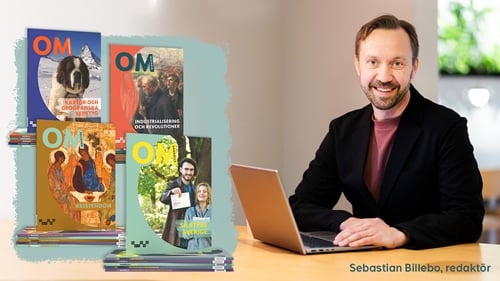Kille sitter vid laptop. Omslag till fyra böcker ur serien OM. Text: Sebastian Billebo, redaktör