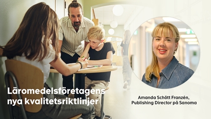 Lärare hjälper två elever i en korridor. Bild i cirkel på Amanda Schött Franzén