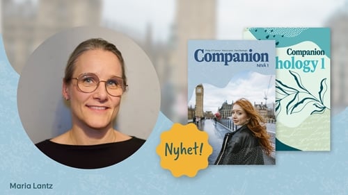 Blond kvinna med glasögon. Omslag till Companion och Companion Anthology. Splash "Nyhet!"