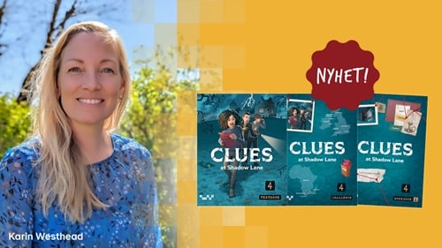 Blond kvinna utomhus en solig sommardag. Omslag till Clues-serien